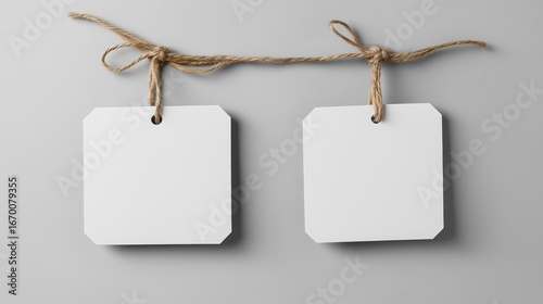 A clean and minimalistic product mockup featuring two blank, hanging labels.