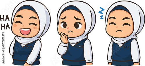 Cute Muslim girl wearing hijab showing different emotions like laughing, confused and annoyed