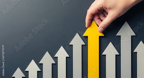 A hand positions a bright yellow arrow atop a series of gray arrows, illustrating upward progress and success against a dark gray background.