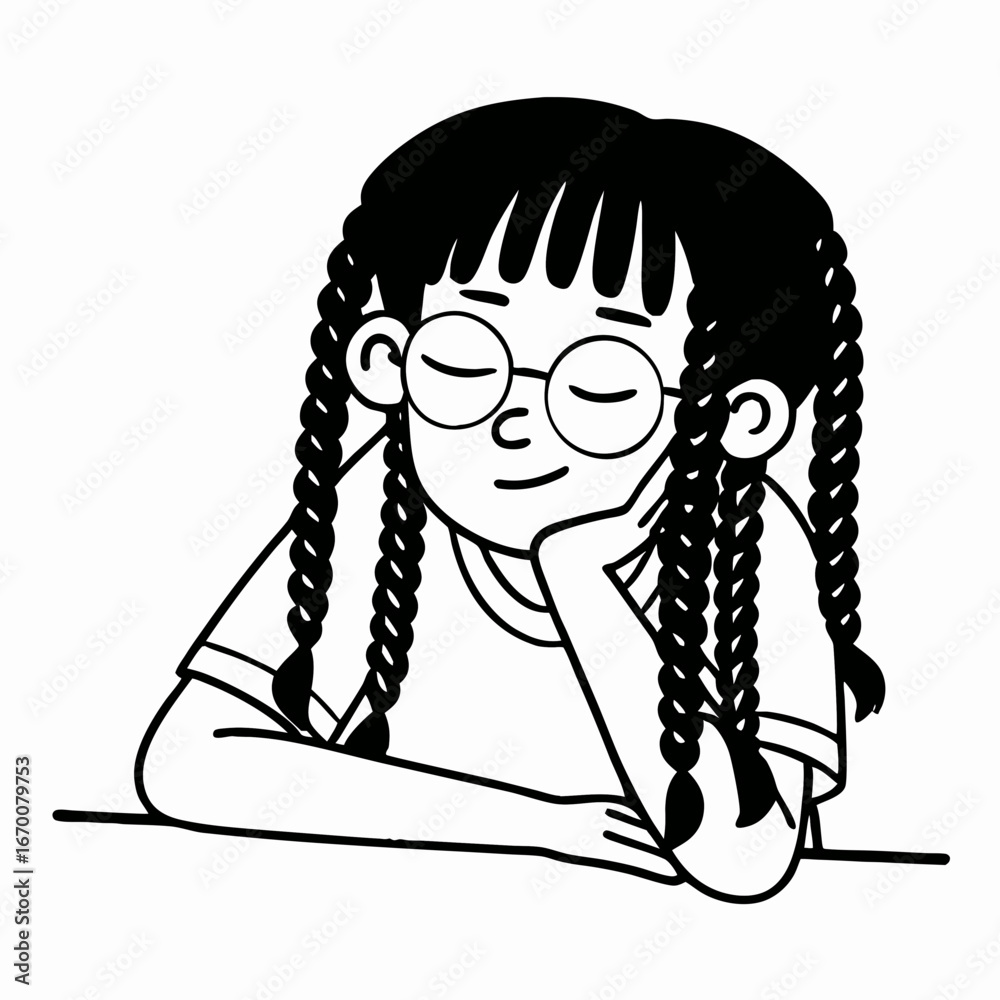 Fototapeta premium Minimal line art illustration of a cute girl with big round glasses