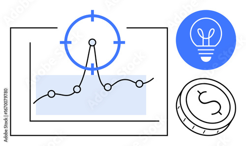 Growth curve with focus icon, lightbulb symbolizing innovation, and coin illustrating financial success. Ideal for business growth, analytics, strategy, finance, innovation, goal tracking simple