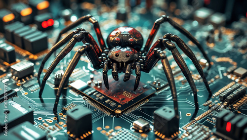 Halloween cyber spider creepy crawly on circuit board technological horror concept