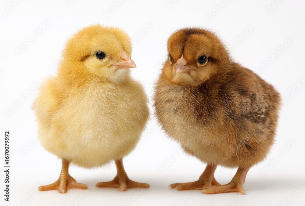 Obraz premium Two fluffy baby chicks standing side by side on a white background