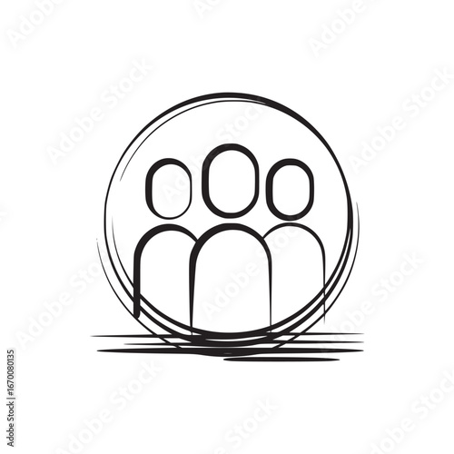 A simple black and white line drawing of three figures inside a circle with lines below them