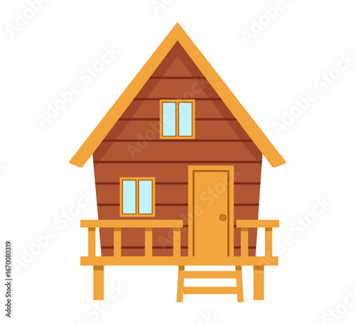 Traditional log cabin on stilts with balcony and stairs. Brown wooden house with orange roof and blue windows. Classic rural architecture design. Vector illustration isolated on white background