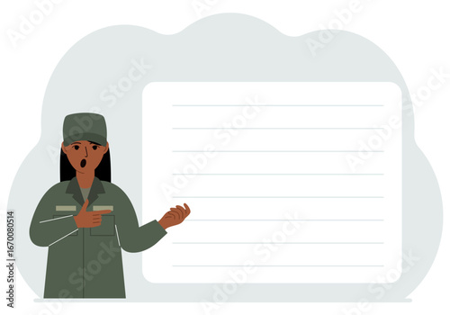 Female soldier in uniform next to a large white banner for your text.