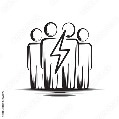 A sketch of three figures with circle heads and a lightning bolt in the middle in black and white art