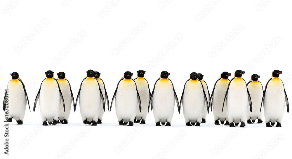 Obraz premium Line of Penguins Marching in Identical Black Sunglasses on White Background