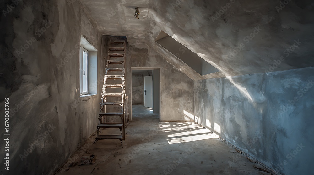 Obraz premium Attic Room Renovation with Ladder and Plaster Walls Streaming Sunlight