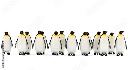 Line of Penguins Marching in Identical Black Sunglasses on White Background