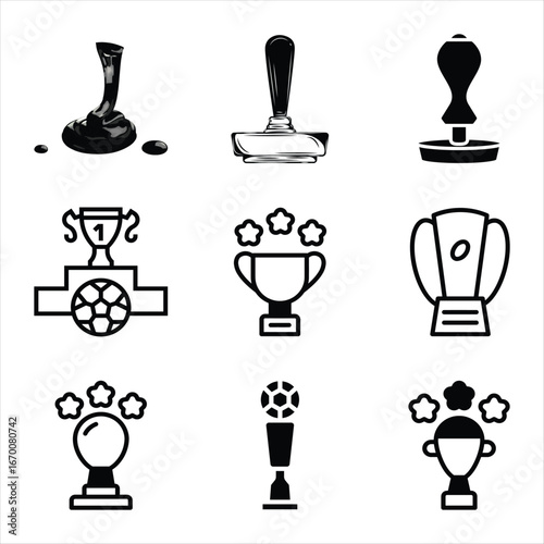Set Of Awards And Office Supplies Vector Icon Black And White Illustration