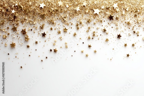 Golden stardust Sparkling golden stars and glitter descend from above, scattering across a plain white surface