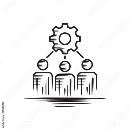 Illustration of three stylized people connected to a gear mechanism on a white background