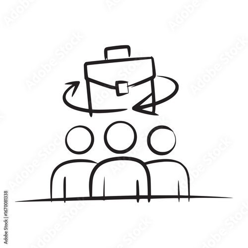 A simple sketch of three people with a briefcase above them and arrows rotating around it drawn in black