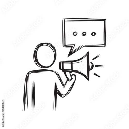 Sketch of person holding megaphone with speech bubble containing three dots above it in black and white