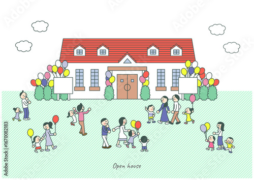 住宅メーカーのオープンハウスイベントで風船を持って集まる親子のイラスト