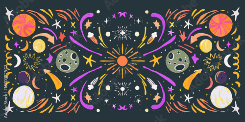 Colorful Hand Drawn Space Elements And Celestial Motifs Keywords: space, galaxy, cosmic, universe, stars, planets