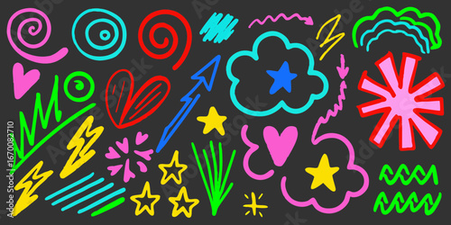 Vibrant Hand Drawn Doodles and Symbols on a Black Canvas colorful bright