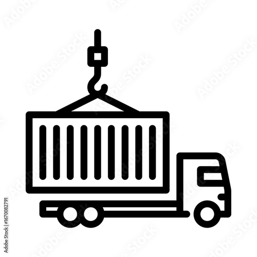 Truck loading container outline icon. truck loading black line illustration.
