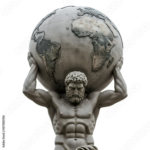Atlas Statue Holding Earth Globe Isolated on Transparent Background