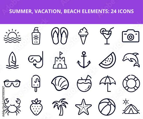 Summer vacation beach elements icon set with 24 summer symbols  