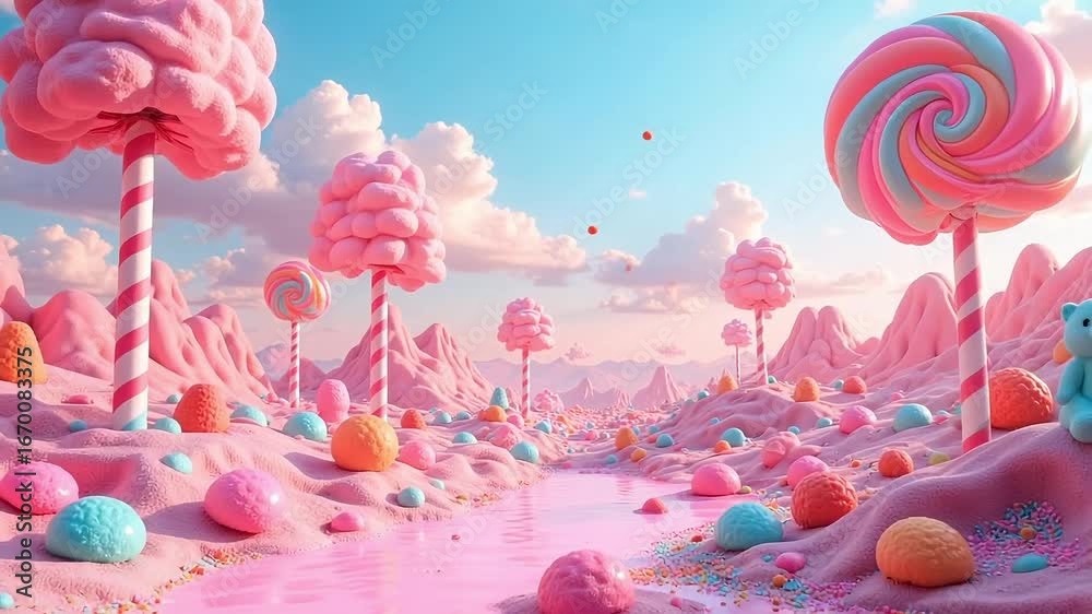 Dive into a whimsical candy land adventure with swirling lollipops, sugary trees, and playful teddy bears, perfect for adding sweetness and joy to any project