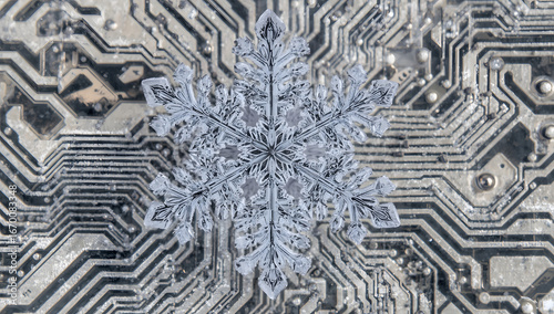 Snowflake macro on electronic circuit board backgroundSnowflake macro on electronic circuit board background