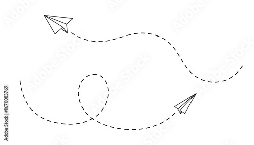 Vector path of paper plane in flight with air trail and outline design. Fly or glide by jet or aeroplane with toy-like shape and minimal craft style. Great for concepts.