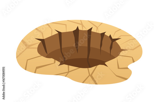 Oval earth crater with cracked desert surface and stone formations. Sandy brown pit with weathered edges for arid landscapes and adventure gaming. Vector illustration isolated on white background