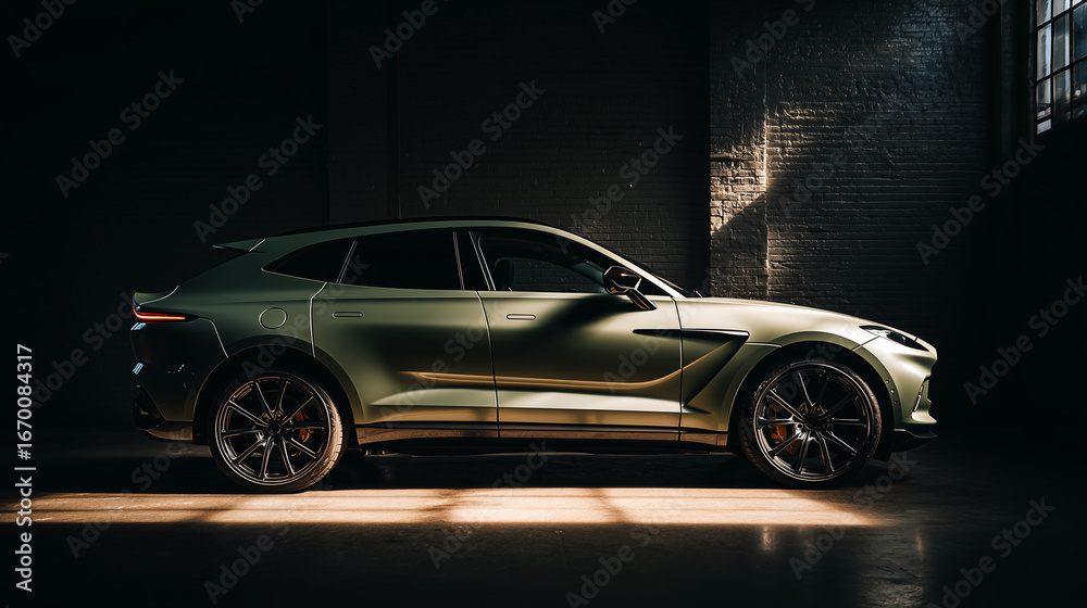 Naklejka premium a luxury SUV in matte olive green paint, parked in an industrial warehouse.