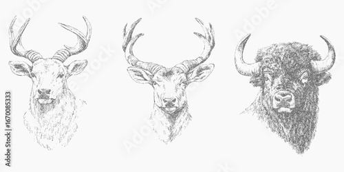 Horned animal heads. Handdrawn object with soft paper grit, scattered dust and aged grain pattern. Blurry ink edge and threshold effect.