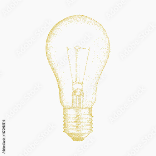 Yellow light bulb with soft glow effect, stippled highlights and grainy body, paper texture with dust and subtle ink noise around the shape.