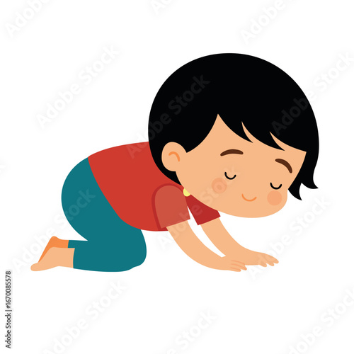 "Cute Child Kneeling and Bowing – Cartoon Illustration"