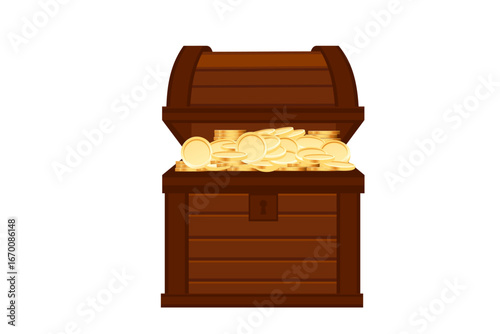 Brown wooden treasure chest filled with golden coins. Open pirate coffer with curved lid and simple design. Rich gold interior with shiny money. Traditional storage box. Vector illustration
