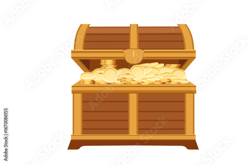 Golden wooden treasure chest with metal clasp overflowing with coins. Bright yellow pirate coffer with curved top. Luxury storage container with wealth. Vector illustration
