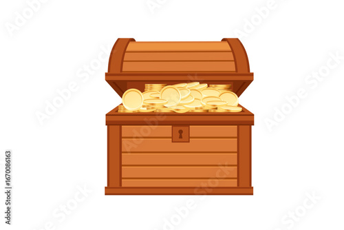 Orange wooden treasure chest filled with golden coins. Bright colored pirate coffer with curved lid and keyhole. Traditional storage box with shiny wealth. Vector illustration
