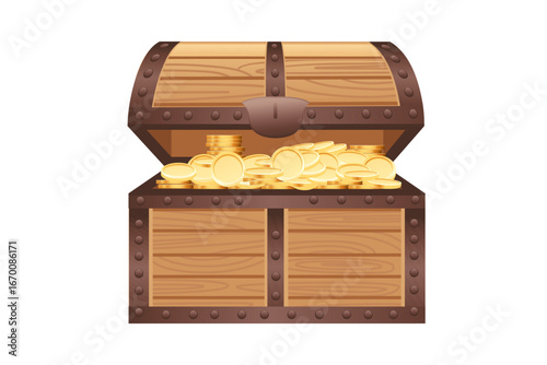 Wooden treasure chest with metal reinforcements and golden coins. Open brown pirate coffer with iron bands and rivets. Traditional storage container with wealth. Vector illustration