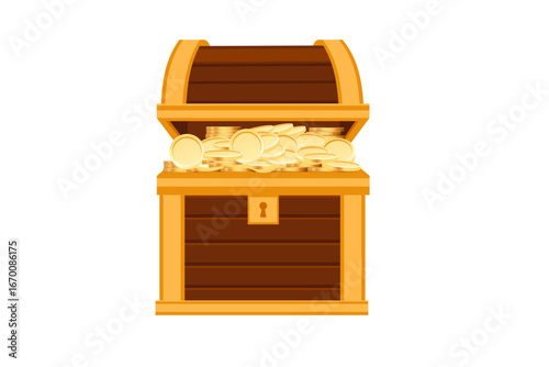 Silver treasure chest with wooden panels and golden coins. Metal coffer with brown wood details and curved top. Traditional pirate storage container. Vector illustration on white