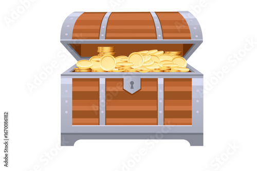 Golden treasure chest with metal bands overflowing with coins. Bright yellow wooden pirate coffer with curved top design. Luxury storage for wealth and riches. Vector illustration
