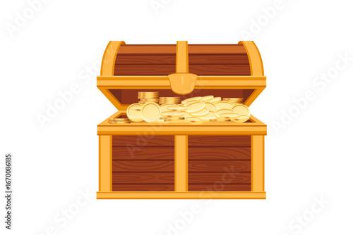 Yellow wooden treasure chest with golden coins spilling out. Bright pirate coffer with keyhole and curved lid. Traditional storage box for wealth and riches. Vector illustration