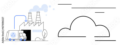Recycling truck arriving at factory emitting pollution. Cloud outlines suggest air contamination. Ideal for waste management, recycling, industrial processes, pollution, sustainability, environmental