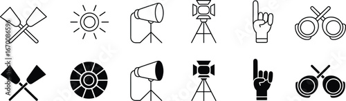 Sports and music icons, crossed paddles, drumsticks, studio lights, sun symbol, foam finger, stage equipment, outline and solid style, flat vector