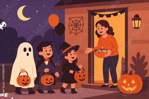 Family handing out candy to kids in Halloween costumes during trick or treat night.