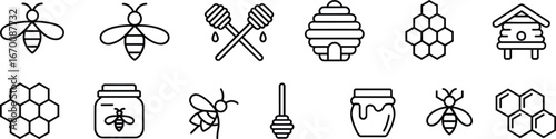 Bee and honey icons, beekeeping symbols, honeycomb design, pollination graphic, hive illustration, sweet product, nature insect, eco theme, organic branding, flat vector