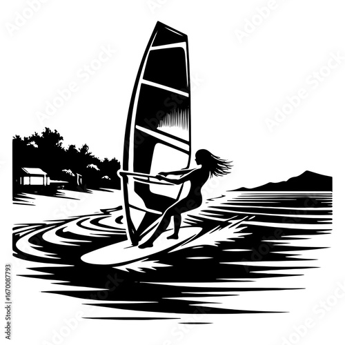 Female Windsurfer Carving Wake Near Shore Black And White Illustration