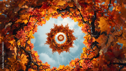 Spiral view of autumn leaves forming a vortex against blue sky