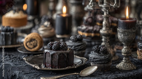 A gothic dessert spread with candlesticks, black lace, and themed pastries