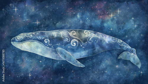 Watercolor illustration of cosmic whale swimming in starry galaxy