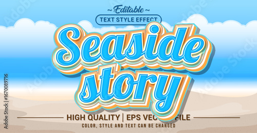 Editable text effect vector “Seaside Story” with fresh, coastal, and relaxing vibe. Perfect for summer designs, vacation themes, beach events, and travel projects.