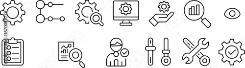 data analysis icons, settings symbols, system configuration signs, analytics pictograms, IT tools vector set, black and white UI pack, flat vector